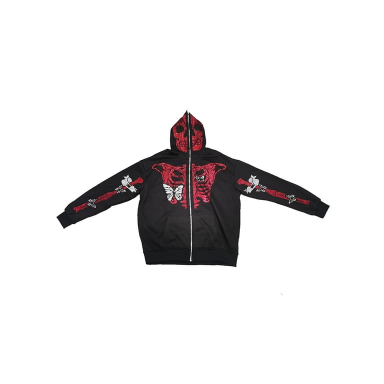 Arvbitana Women Men Rhinestone Butterfly Skull Graphic Zip up Hoodies Casual Oversized Jacket Coat Goth Punk Loose Sweatshirt