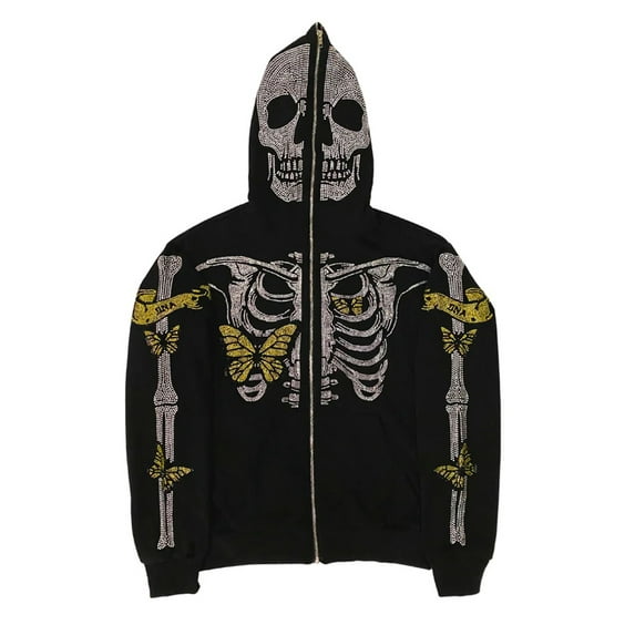 Arvbitana Women Men Rhinestone Butterfly Skull Graphic Zip up Hoodies Casual Oversized Jacket Coat Goth Punk Loose Sweatshirt