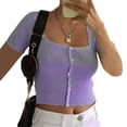 thumbnail image 1 of Arvbitana Women Ribbed Crop Tops Short Sleeve Square Collar Pearls Button Pullover Summer Solid Color Expose Navel Shirt Womens Tops, 1 of 2
