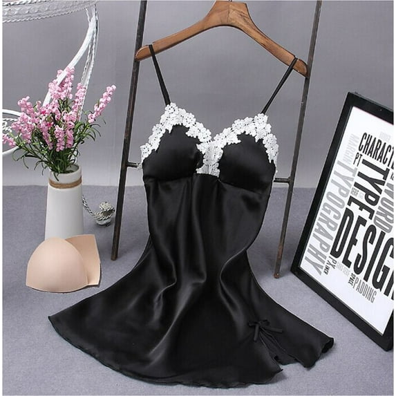 Arvbitana Women Satin Nightgown Sleeveless V-neck Lace Trim Lingerie Sexy Bodycon Slip Silk Sleepwear Dress