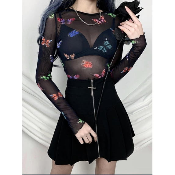 Arvbitana Women See-Through Blouse Butterfly Print O-Neck Sheer Long Sleeves Crop Top Summer Tight-Fitting Sexy Mesh Streetwear
