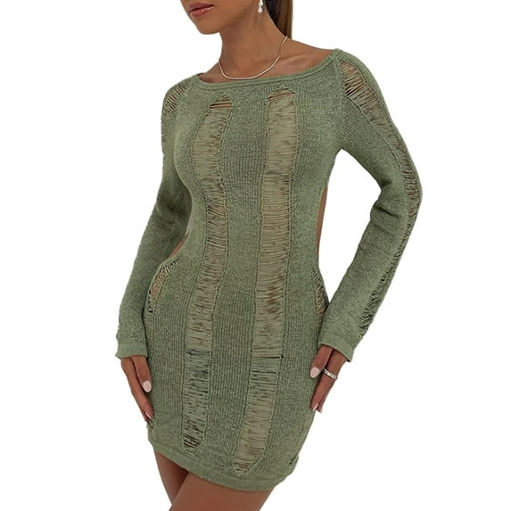 Arvbitana Women Solid Color Cutout Dress Long Sleeve Round Neck Bodycon See-Through Wrapped Dresses for Casual Daily Party