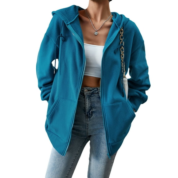 Arvbitana Women Solid Color Drawstring Hoodie Long Sleeve Hooded Zip Up Closure Sweatshirt Casual Jacket Outwear Trendy Coat with Pockets