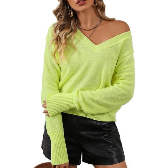 Arvbitana Women Solid Color Knit Sweater V-Neck Long Sleeve Loose Pullovers Spring Fall Casual Jumpers Streetwear Cropped Tops