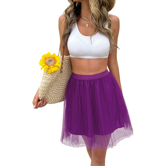 Arvbitana Women Solid Color Mesh Half Dress High Waist Layered Short Skirt Spring Summer See-Through Pleated Skirt for Street Club Party