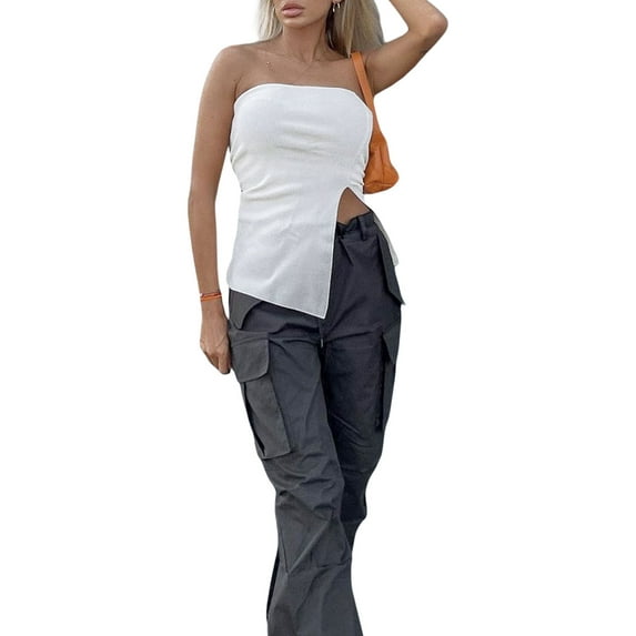 Arvbitana Women Solid Color Tube Top Off Shoulder Irregular Slit Sleeveless Vest Summer Slim Fit Cami Tank Top Shirt for Club Party