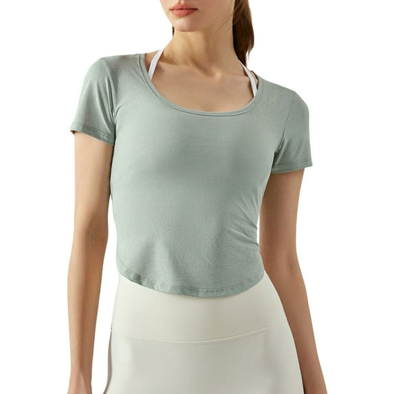 Arvbitana Women Solid Color Workout T-Shirts Short Sleeve Round Neck Curved Hem Stretch Yoga Tops Summer Cotton Soft Gym Training Clothes