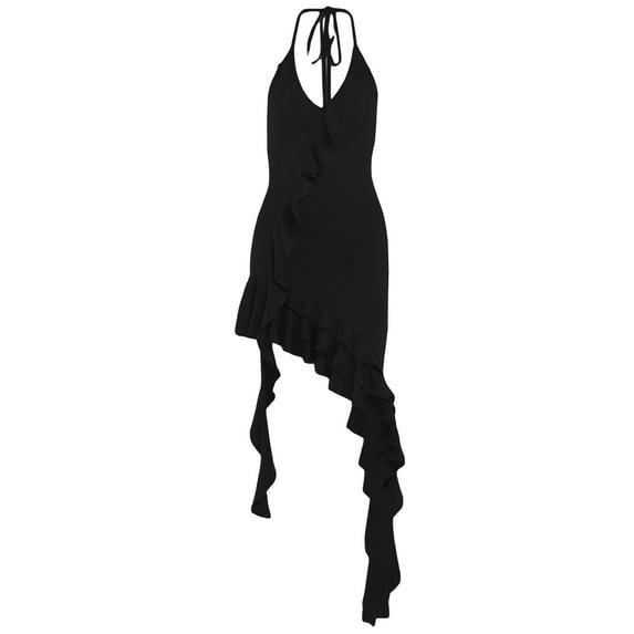 Arvbitana Women Spaghetti Strap Dress Sleeveless Backless Irregular Ruffled Lacing Halter Dress Summer Elegant Sheer Mesh High Split Clubwear