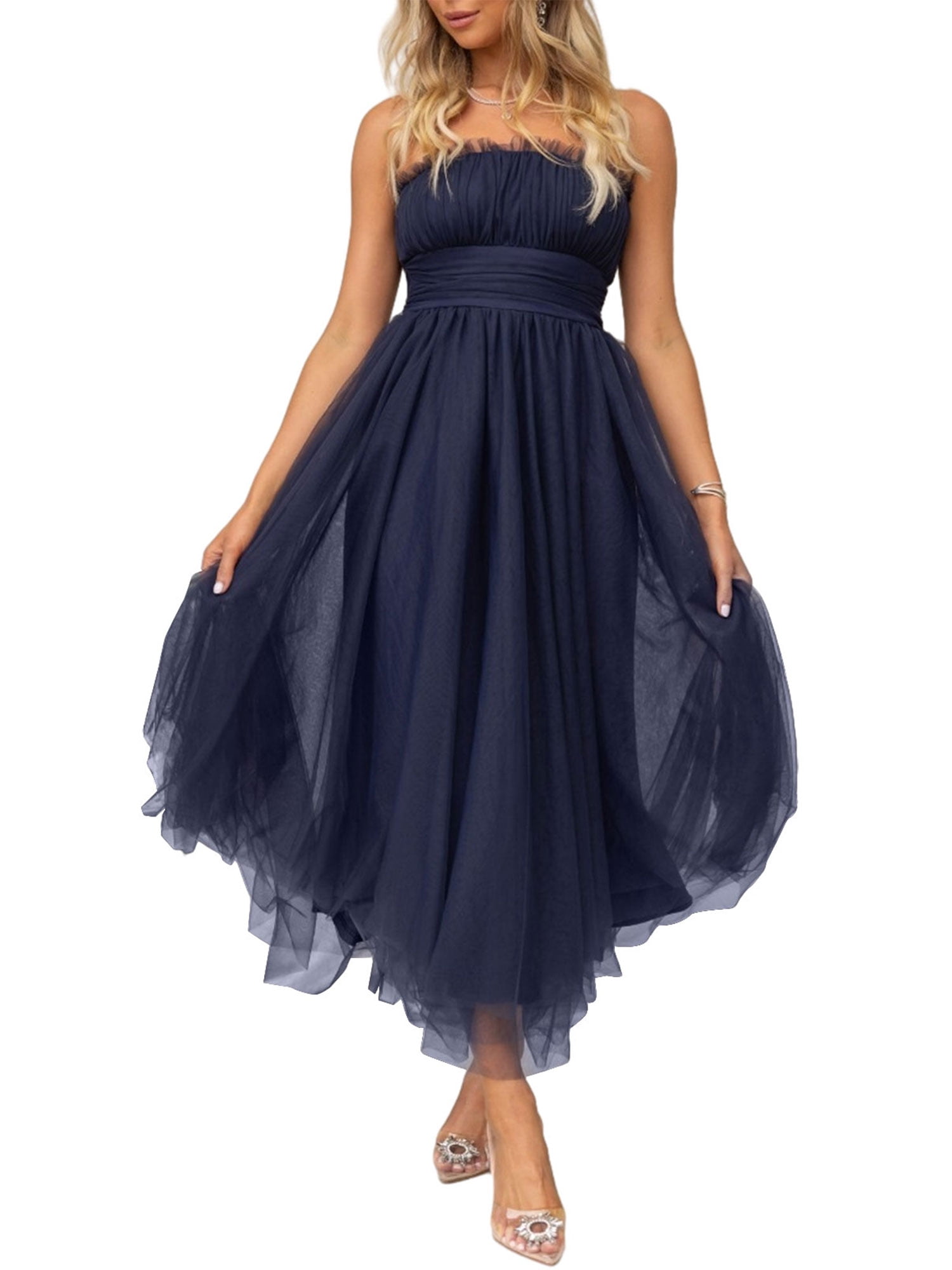 Arvbitana Women Strapless Midi Dress Solid Color Sleeveless Layered Mesh  Tulle Flowy Dress Backless Tube Party Dress for Cocktail Streetwear -  Walmart.com