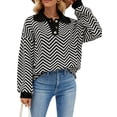 thumbnail image 1 of Arvbitana Women Stripe Knit Sweater Turn-Down Collar Buttons Pullovers Long Sleeve Loose Jumpers Fall Casual Streetwear Tops, 1 of 8