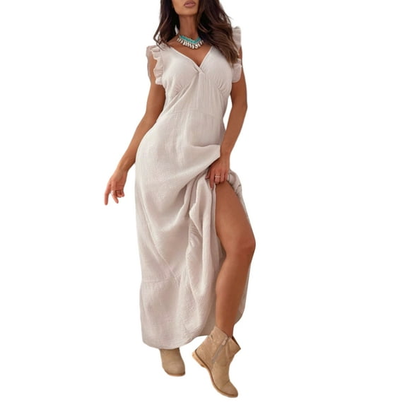 Arvbitana Women Summer Long Dress Solid Color Deep V-neck Maxi Dress Ruffle Sleeve Flowy Beach Dress Cual Party Dress for Vacation