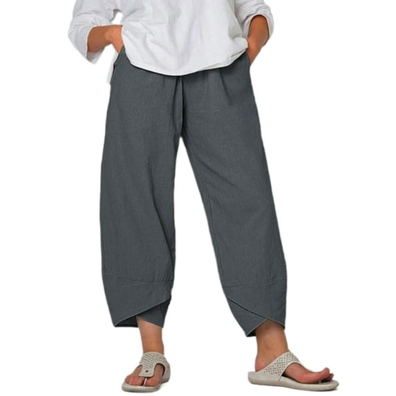 Arvbitana Women Summer Plus Size Cotton Linen Pants Loose Casual Wide Leg Cropped Trousers with Pockets S-5XL