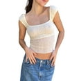 thumbnail image 1 of Arvbitana Women Teen Girls Cap Sleeve Crop Tops Textured Sheer Mesh Square Neck Show Navel T-shirt Slim Fit Backless Summer Fashion Shirts for Streetwear, 1 of 6