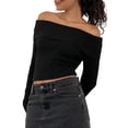 thumbnail image 1 of Arvbitana Women Teen Girls Off Shoulder Sweater Long Sleeve Boat Neck Knitwear Pullovers Solid Color Slim Knit Jumper Casual Crop Tops Streetwear, 1 of 6
