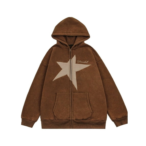 Arvbitana Women Vintage Hoodies Grunge Star Print Zipped Hooded Sweatshirts Winter Fall Long Sleeve Pullover Loose Coat Jacket Streetwear