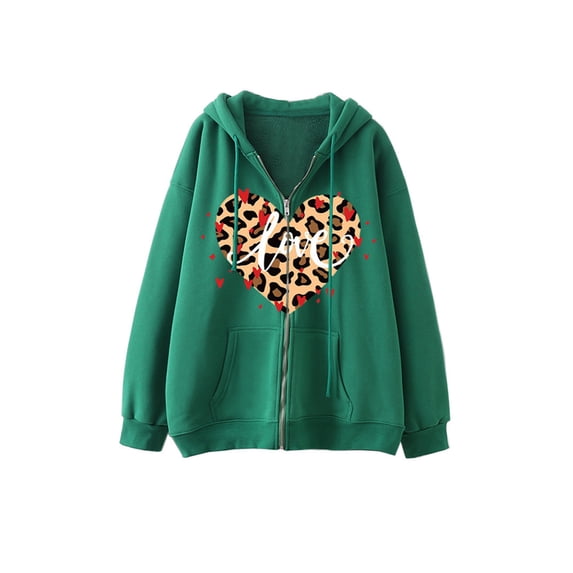 Arvbitana Women Zip Up Drawstring Hoodie Long Sleeve Sweatshirt Heart Letters Leopard Print Pullover Casual Jacket Warm Outwear with Pockets