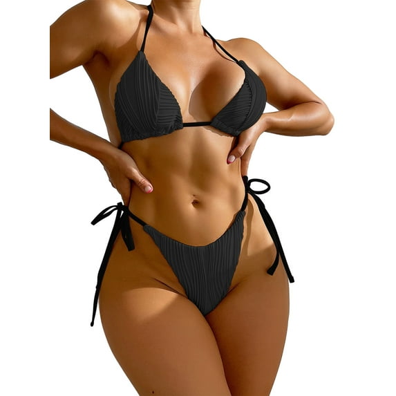 Arvbitana Women's 2Pcs Cut Bikini Set Ribbed Sexy Halter Padded Cami Top Lace Up Thong Swimsuit Swimwear