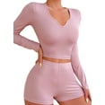 thumbnail image 1 of Arvbitana Women's 2Pcs Loungewear Outfits Solid Color Long Sleeve V-neck Ribbed Knit Crop Tops + High Waist Shorts Pajamas Set Ladies Casual Sleepwear, 1 of 8