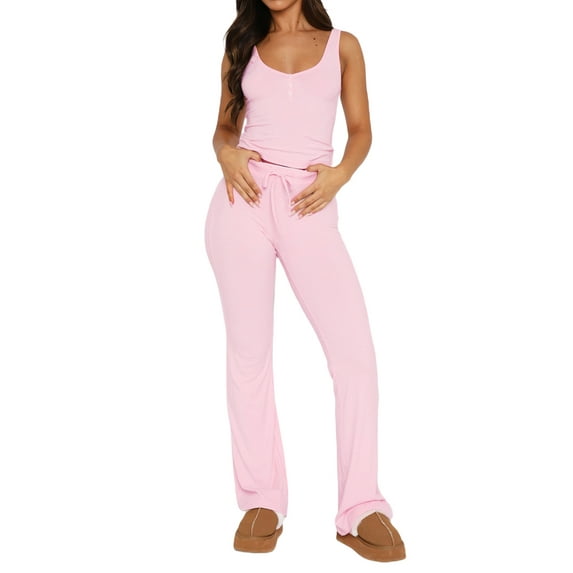 Arvbitana Women's 2Pcs Loungewear Outfits Solid Color Sleeveless V-neck Ribbed Tank Tops + Elastic Waist Pants Sets for Streetwear Activewear