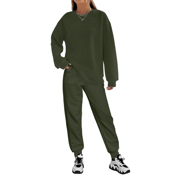 Arvbitana Women's 2Pcs Outfits Solid Color Long Sleeve Pullover Tops + Elastic Waist Pants Sets for Streetwear Activewear Daily Clothes