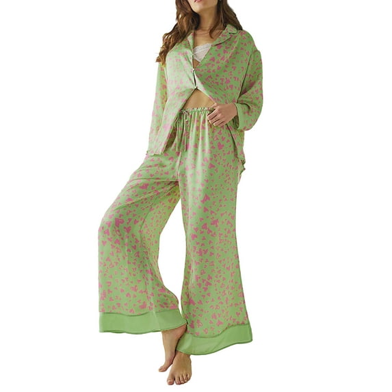 Arvbitana Women's 2Pcs Pajama Sets Heart Print Long Sleeve Lapel Button Shirt Tops and Wide Leg Pants Loungewear Outfits Casual Sleepwear
