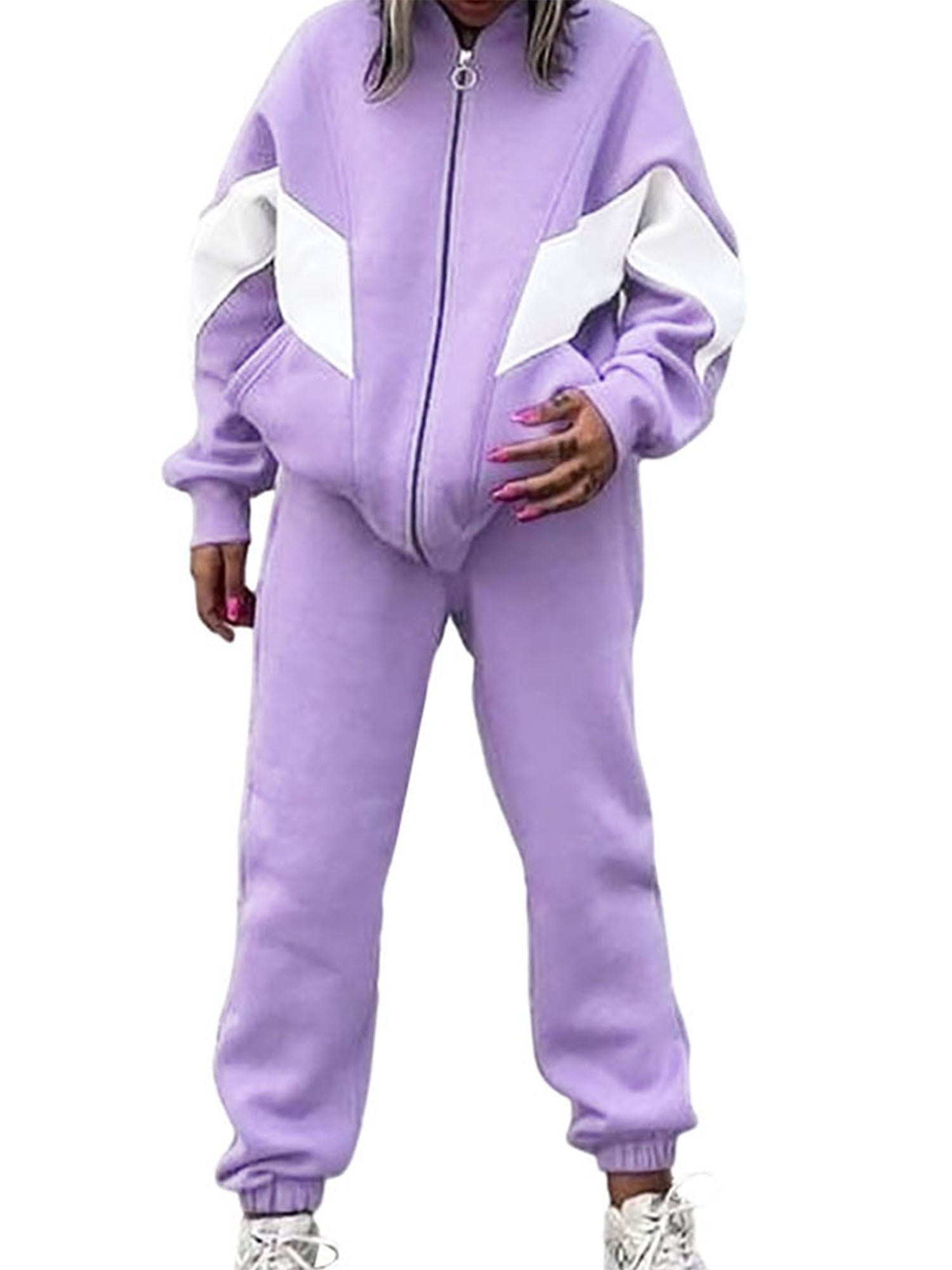 Arvbitana Women's 2Pcs Tracksuit Contrast Color Long Sleeve Zipper