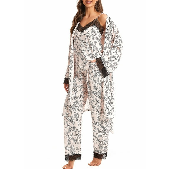 Arvbitana Women's 3Pcs Loungewear Outfits Lace Patchwork Cami Tops + Long Pants + Long Sleeve Robe Pajamas Sets Ladies Casual Sleepwear