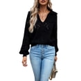 thumbnail image 1 of Arvbitana Women's Autumn Basic Knit Sweaters Solid Color Jacquard Eyelet Knitwear Tops V-Neck Lantern Long Sleeve Pullover Trendy Clothes, 1 of 8