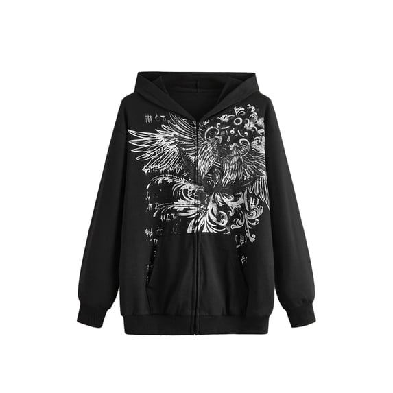 Arvbitana Women's Autumn Casual Sweatshirt Loose Pullover Zip Up Hooded Jacket Long Sleeve Wing Print Fashion Outerwear