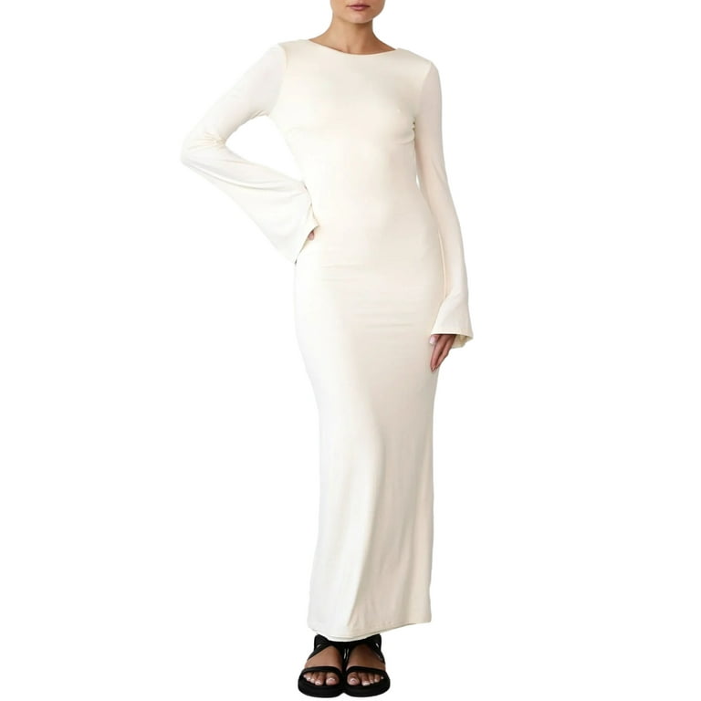 Solid O-Neck Flare Sleeve Slim Bodycon Dress Solid O-Neck Flare Sleeve Slim Bodycon Dress