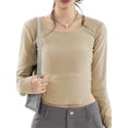 thumbnail image 1 of Arvbitana Women's Basic Shirt Square Neck Long Sleeve Crop Tops Solid Color Round Neck Curved Hem Slim Fit Blouse, 1 of 9