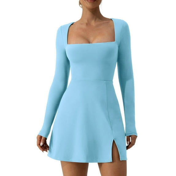 Arvbitana Women's Black Mini Dress Solid Color Long Sleeve Square Neck Short A-line Dress Casual Split Hem Slim Wrap Dress for Cocktail Party Streetwear