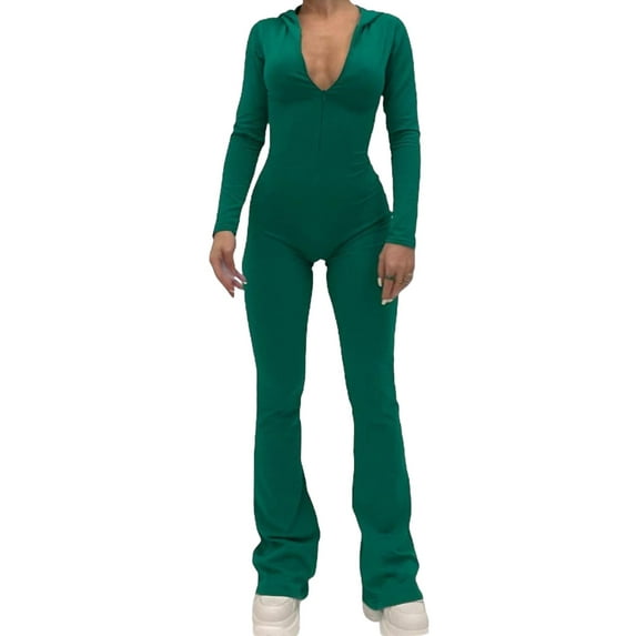 Arvbitana Women's Bodycon Flared Jumpsuits Solid Color V-neck Long Sleeve Zip Up Hooded Rompers Slim Fit Playsuit for Streetwear