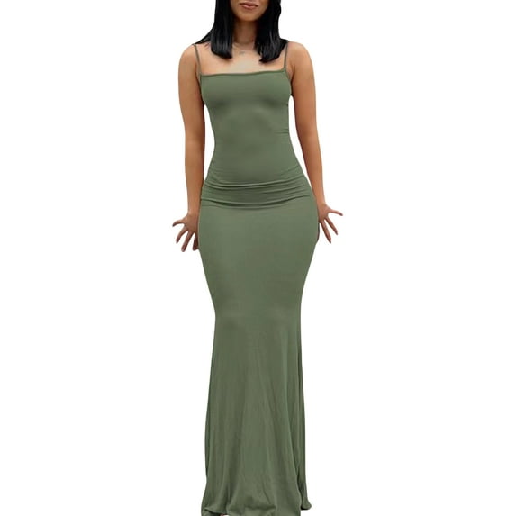 Arvbitana Women's Bodycon Spaghetti Dress Strap Fish Tail Slim Dress Solid Color Low Cut Floor Length Long Dress