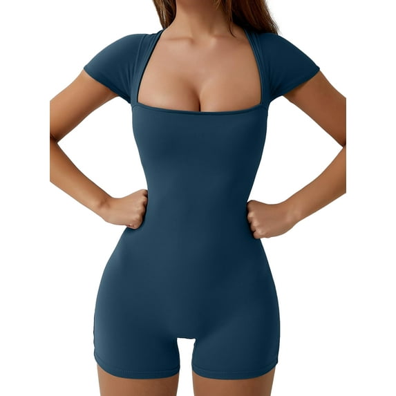 Arvbitana Women's Casual Yoga Jumpsuit Short Sleeve Square Neck Short Rompers Solid Color Slim One-Piece Bodysuit Shorts for Workout