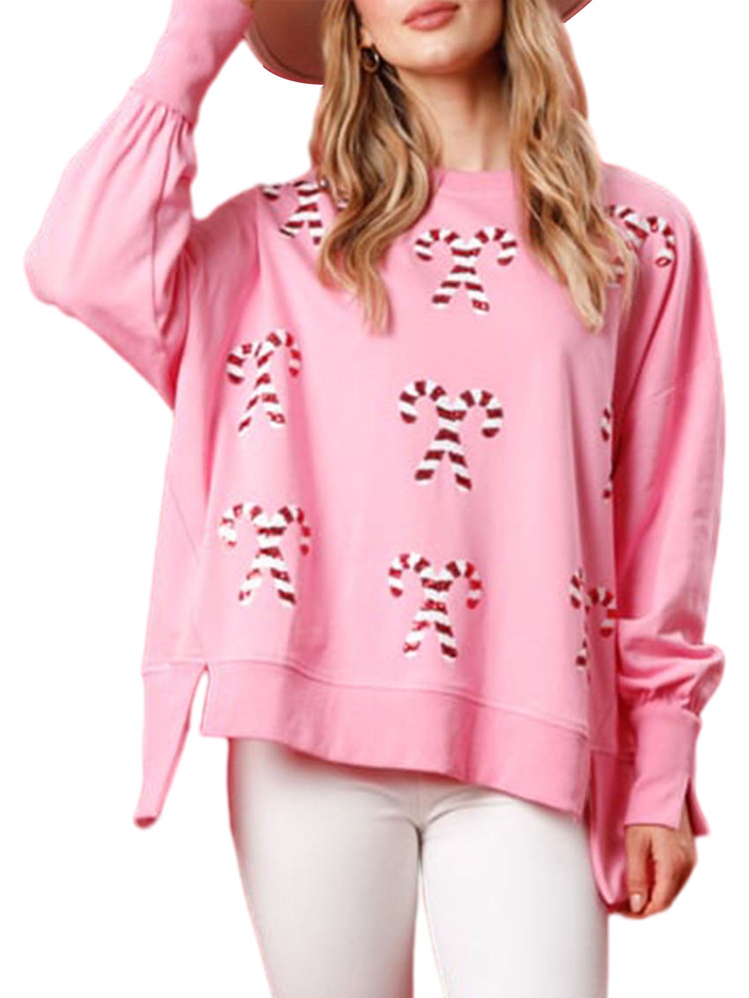 Arvbitana Women's Christmas Sweatshirts Long Sleeve Sequin Candy Cane