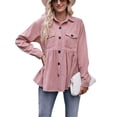 thumbnail image 1 of Arvbitana Women's Corduroy Button Shirt Solid Color Long Sleeve Ruffle Hem Blouse Ladies Casual Loose Tops with Pockets for Work Streetwear, 1 of 6