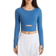 thumbnail image 1 of Arvbitana Women's Cropped Workout Tops Solid Color Cutout Slim Pullovers Crew Neck Thumb Hole Long Sleeve Yoga Athletic Shirts for Gym Sport Activewear, 1 of 6