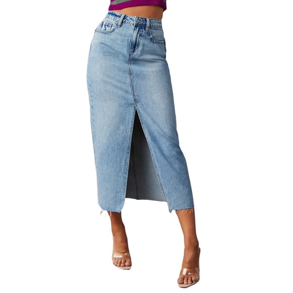 Arvbitana Women's Denim Long Skirt High Waist Slit Midi Skirt Summer Casual Solid Color Jean Skirt with Pocket Streetwear