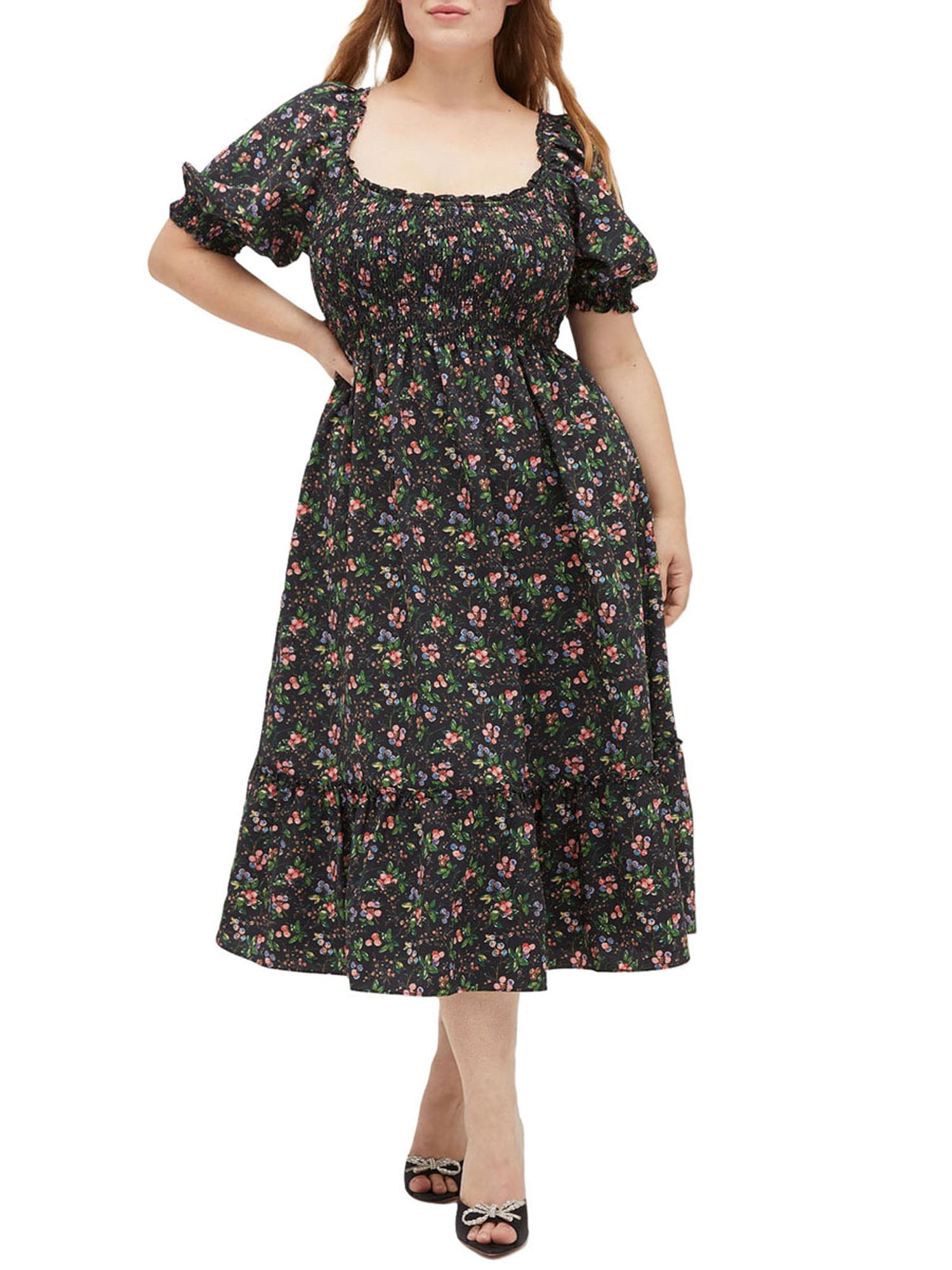 knee length dresses for ladies PRETTYGARDEN Women's Casual Midi Dresses Square Neck Short Sleeve Smoc