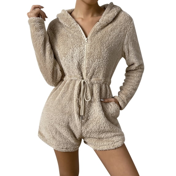 Arvbitana Women's Fuzzy Hooded Short Jumpsuit Casual Solid Color Zipper Long Sleeve Plush Romper Sleepwear Drawstring Bodysuit Loose Loungewear