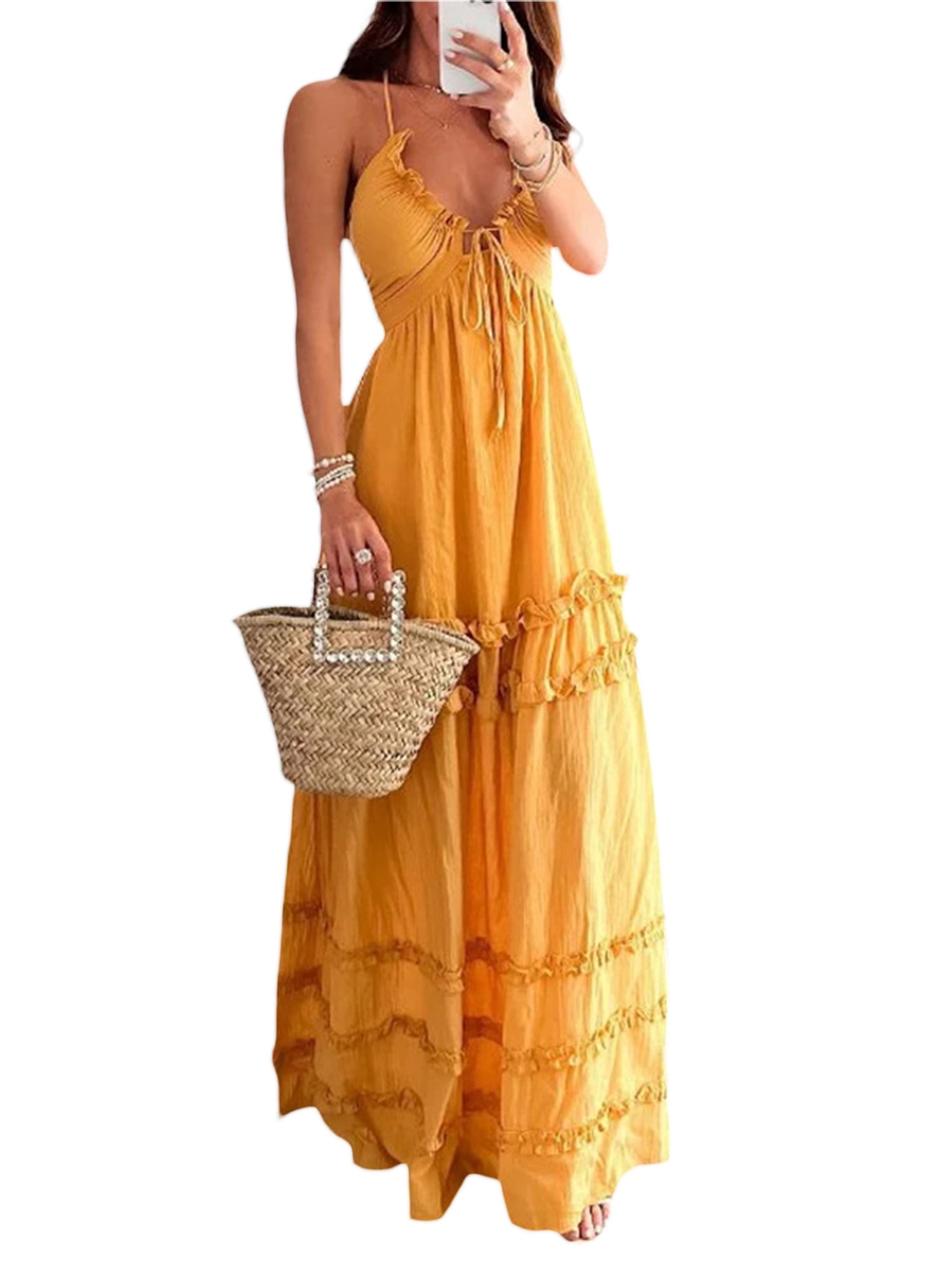 Arvbitana Women's Halter Long Dress Sleeveless Deep V-neck Drawstring Flowy  Maxi Dress Low Cut Backless Tie-up Ruffles Beach Dress for Party Vacation -  Walmart.com