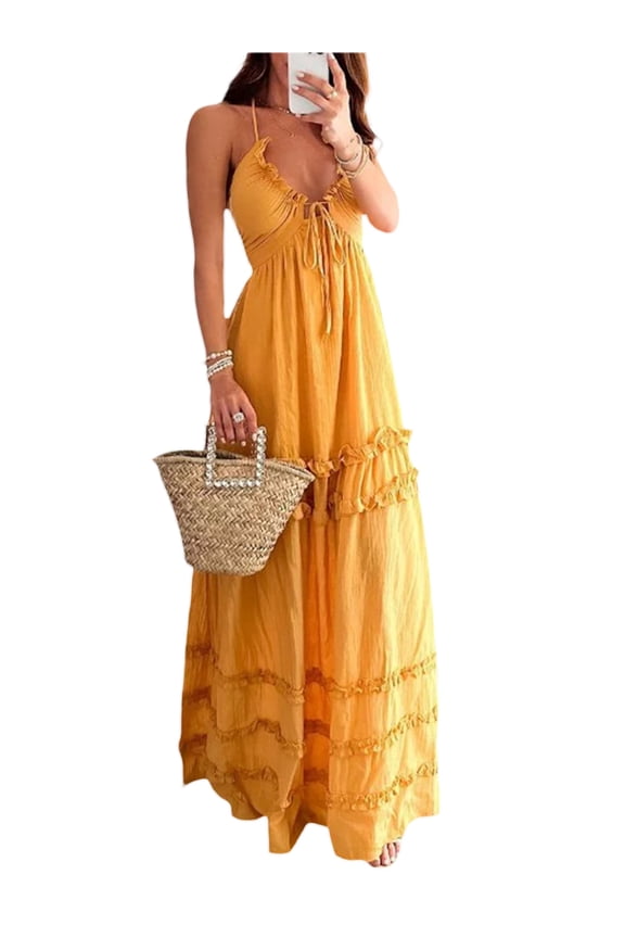 Women's Halter Long Dress Sleeveless Deep V-neck Drawstring Flowy Maxi Dress Low Cut Backless Tie-up Ruffles Beach Dress for Party Vacation