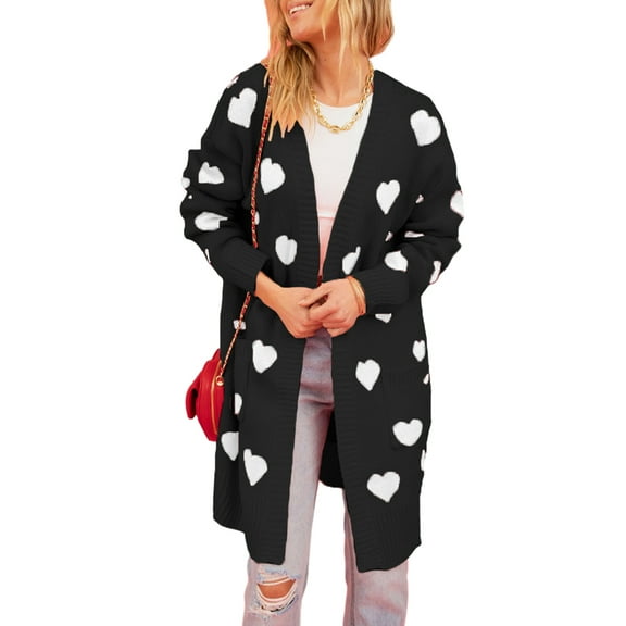 Arvbitana Women's Knit Long Cardigans Heart Print Long Sleeve Open Front Sweater Coat with Pockets Ladies Casual Warm Knitwear Outerwear for Streetwear