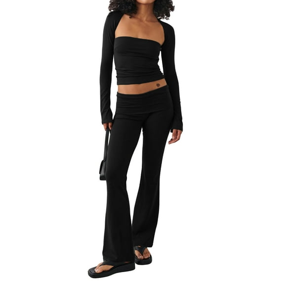Arvbitana Women's Long Pants Set Long Sleeve Square Neck Crop Tops + Elastic Low Waist Wide Leg Pants 2Pcs Solid Color Outfits Ladies Casual Daily Clothes