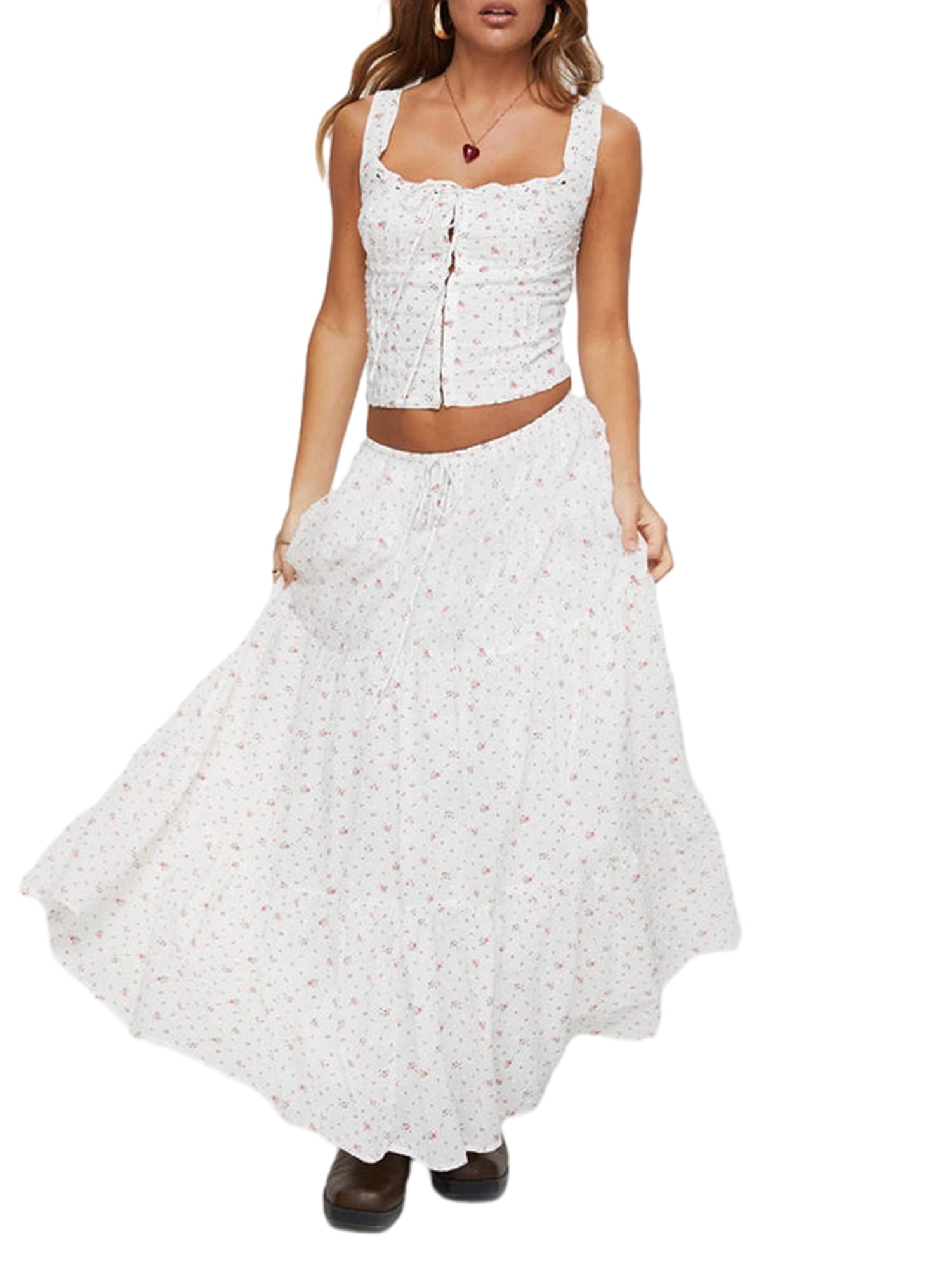 Arvbitana Women's Long Skirt Sets Floral Print Sleeveless Corset