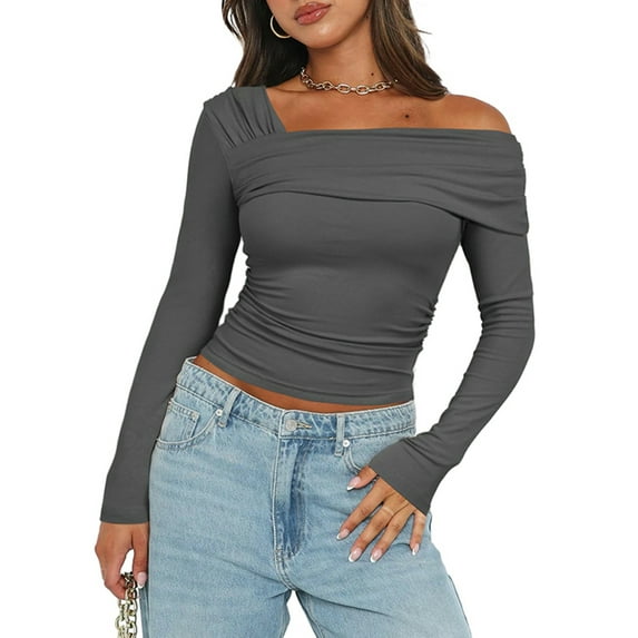 Arvbitana Women's Long Sleeve T-shirt One Off Shoulder Asymmetrical Neck Pullovers Tight Fitted Solid Color Ruched Shirt Crop Tops for Spring Fall Streetwear