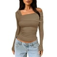 thumbnail image 1 of Arvbitana Women's Long Sleeve T-shirt One Off Shoulder Asymmetrical Neck Pullovers Tight Fitted Solid Color Ruched Shirt Crop Tops for Spring Fall Streetwear, 1 of 6