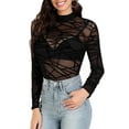 thumbnail image 1 of Arvbitana Women's Mesh See-through Tops Long Sleeve Floral Lace Rhomboid Spider Web Pattern Mock Neck T-shirts Ladies Slim Fit Basic Shirts Streetwear, 1 of 7