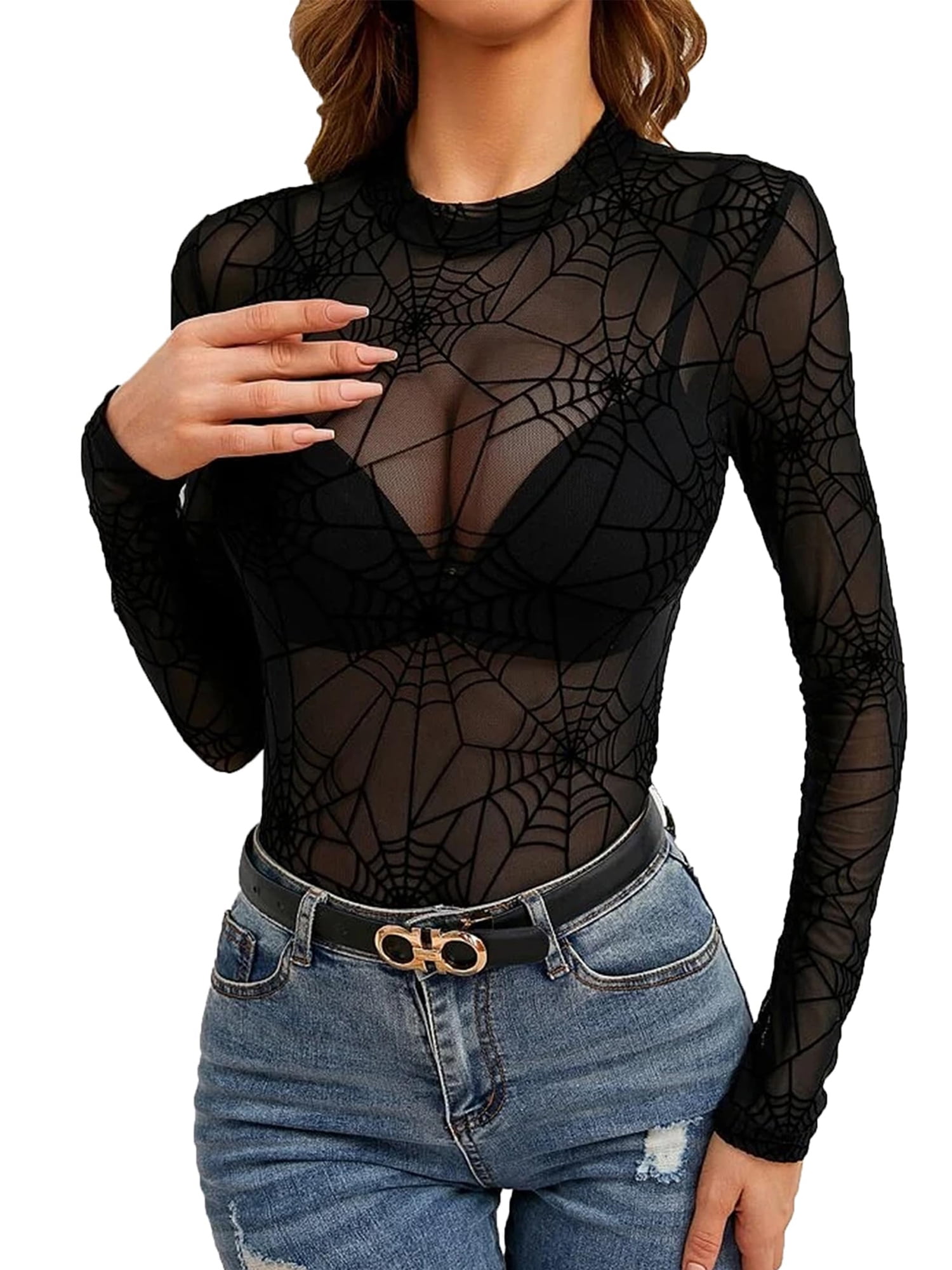 Arvbitana Women's Mesh See-through Tops Long Sleeve Floral